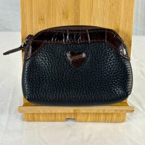 Brighton Vintage Black Pebbled Leather Zip Coin Purse Croc Embossed Trim Heart
